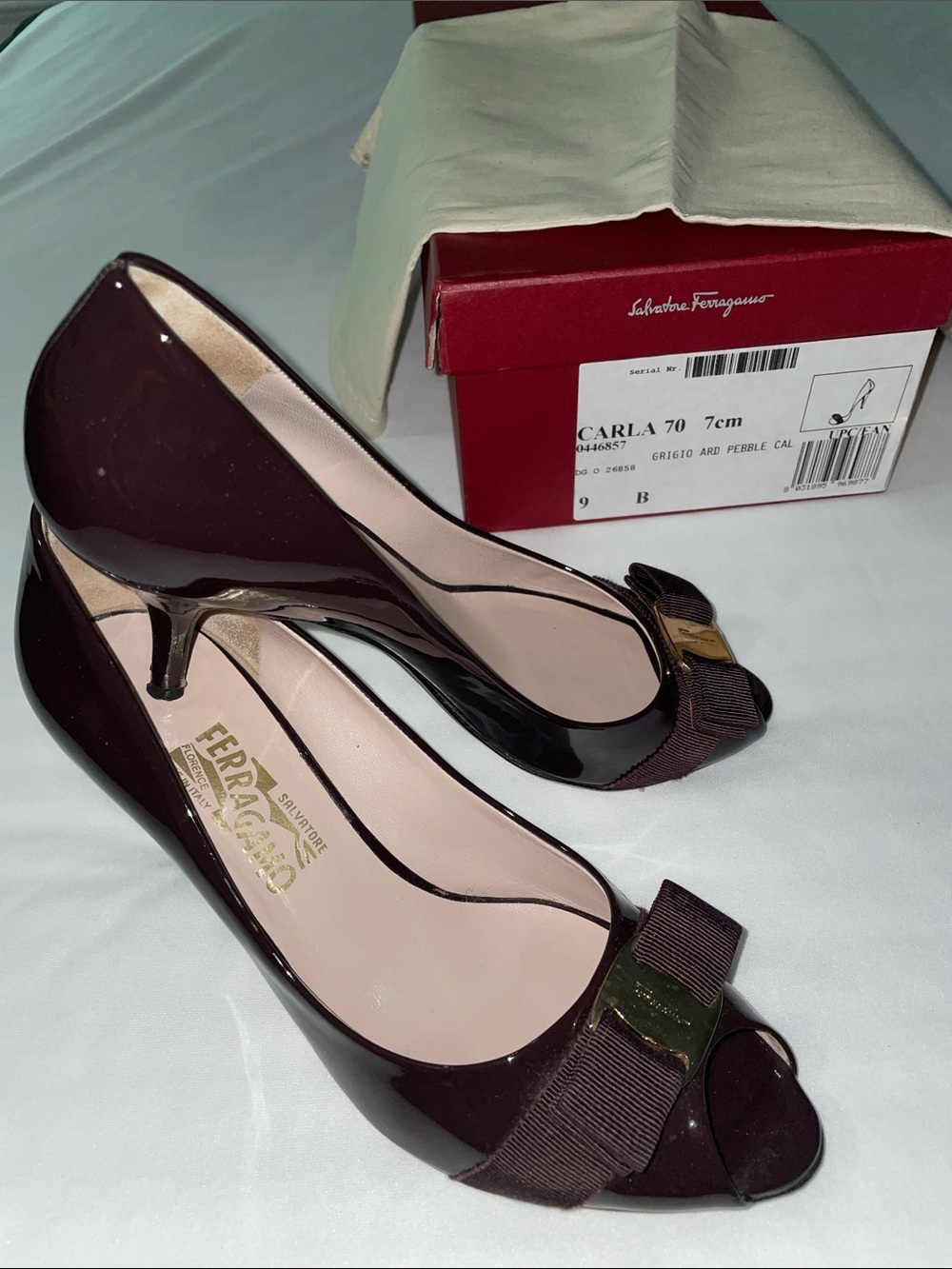 Salvatore Ferragamo Deep Plum Patent Leather Bow Peep-Toe Pumps